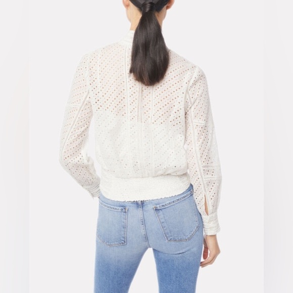 FRAME High Neck Puff Sleeve Keyhole Ivory Ramie Long Sleeve Eyelet Party Top M - Picture 2 of 12